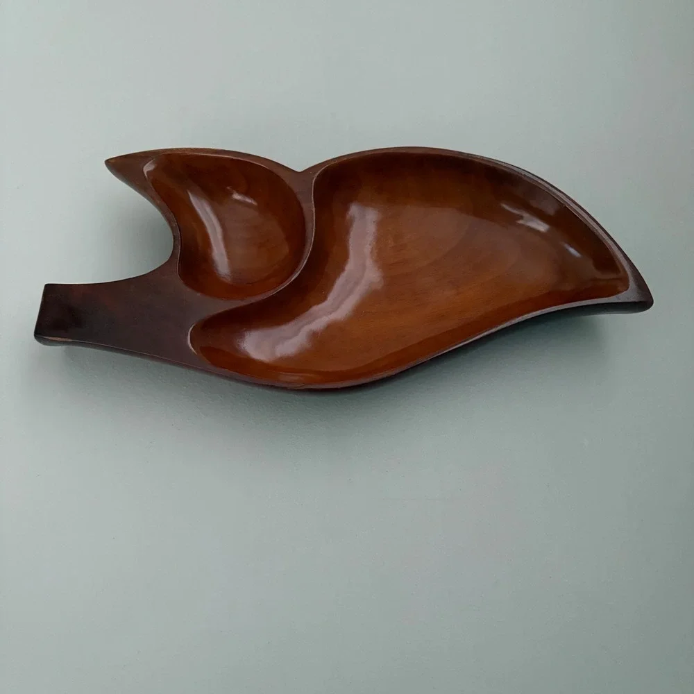 Hand Carved Wood Leaf Shaped Serving‎ Dish Mid Century Modern Appetizer Tray